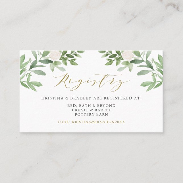 Greenery and White Flowers Wedding Registry Card (Front)