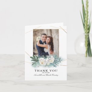Greenery and White Flowers Wedding Thank You Photo Card