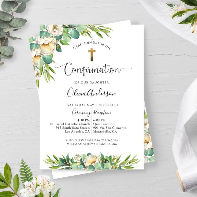 Greenery and White Gold Yellow Floral Confirmation Invitation (Creator Uploaded)
