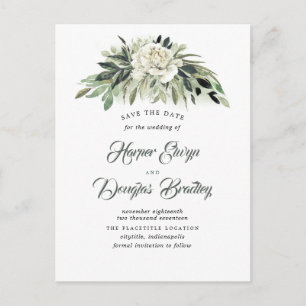 Greenery and White Peony Vintage Save the Date Announcement Postcard