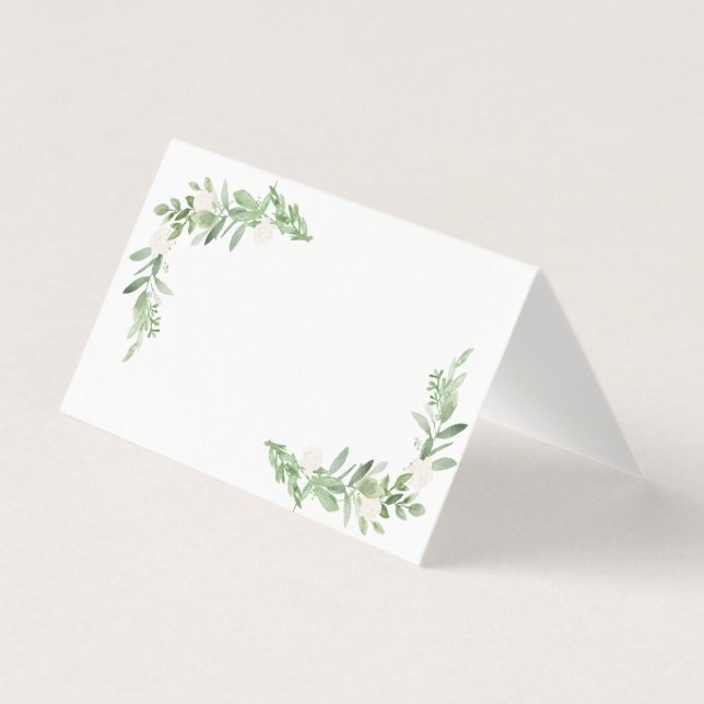 Greenery and White tent fold place card (Front)