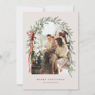 Greenery Arch & Bow Elegant Ivory Photo Christmas Holiday Card