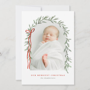 Greenery Arch & Bow Elegant Script Multi Photo Holiday Card