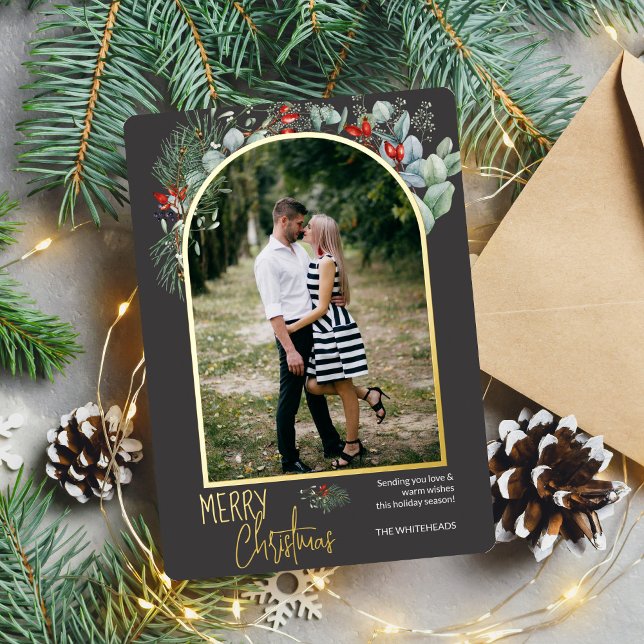 Greenery Arch Merry Christmas Photo Dark Grey (You will love these beautiful Christmas cards! They feature botanical watercolor pine and berries.)