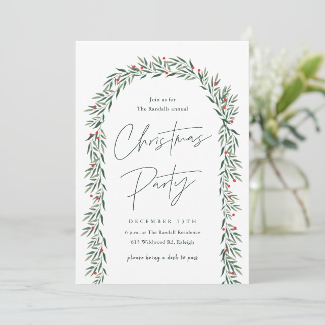 Greenery Arch Modern Script Christmas Party Invitation (Standing Front)