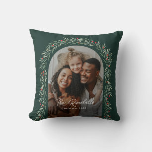 Greenery Arch Modern Script Photo Christmas Cushion