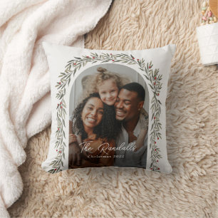 Greenery Arch Modern Script Photo Christmas Cushion