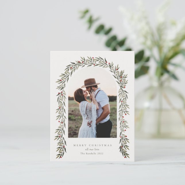 Greenery Arch Modern Script Photo Christmas Holiday Postcard (Standing Front)