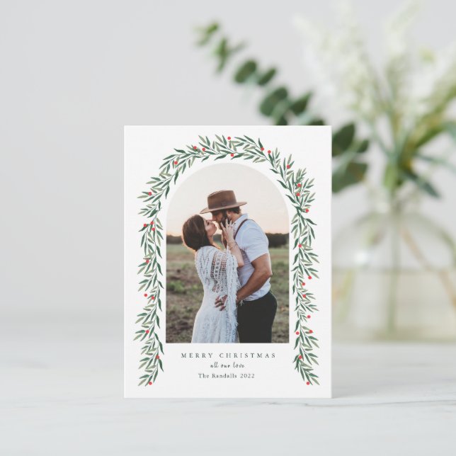 Greenery Arch Modern Script Photo Christmas Holiday Postcard (Standing Front)
