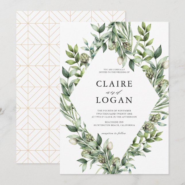 Greenery Artichoke Watercolor Green Wedding Invitation (Front/Back)