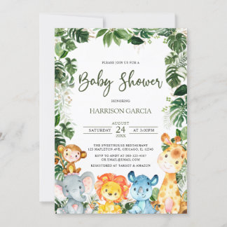 Greenery Baby Boy Safari Animals Baby Shower Invitation