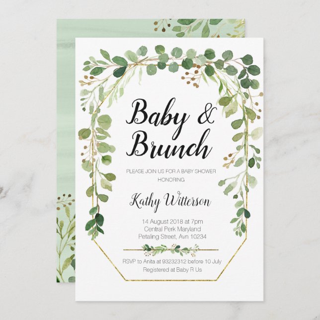 greenery baby brunch shower invitation (Front/Back)