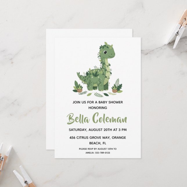 Greenery baby dinosaur baby shower invitations (Front/Back In Situ)
