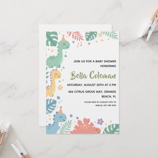 Greenery baby dinosaur baby shower invitations (Front/Back In Situ)