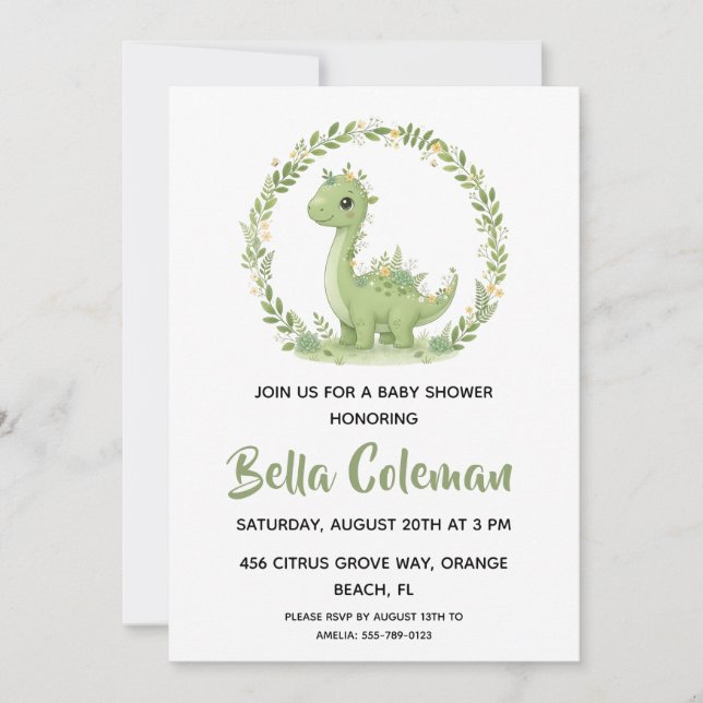 Greenery baby dinosaur baby shower invitations (Front)