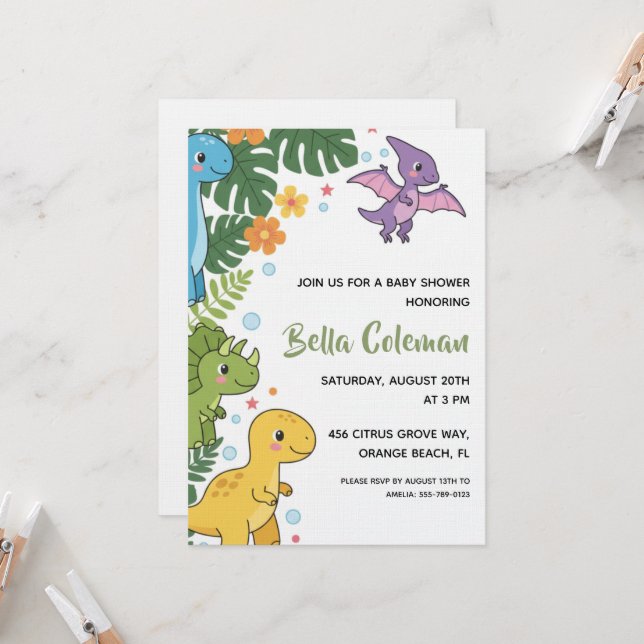 Greenery baby dinosaur baby shower invitations (Front/Back In Situ)