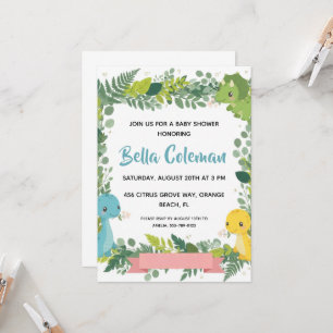 Greenery baby dinosaur baby shower invitations