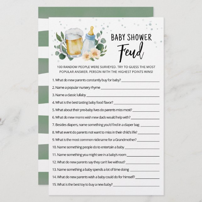 Greenery Baby Is Brewing Baby Shower Feud Game (Front/Back)