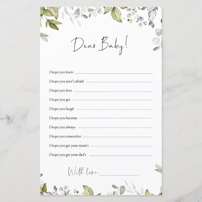 Greenery Baby Shower Advice - Dear Baby (Front)