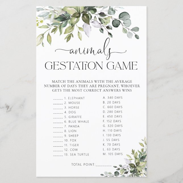 Greenery Baby Shower Animals Gestation Game (Front)