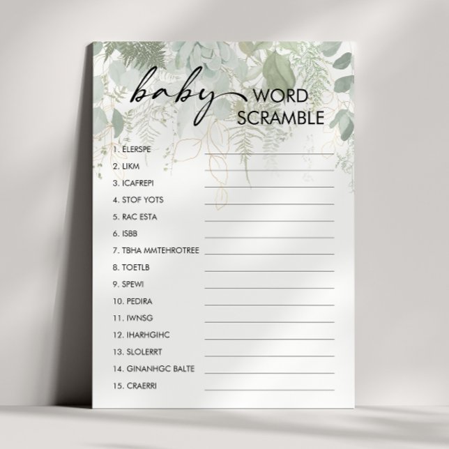 Greenery Baby Shower Baby Word Scramble Game Card (Creator Uploaded)