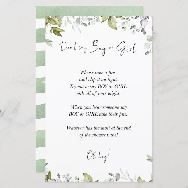 Greenery Baby Shower Game Don't Say Boy Or Girl (Front/Back)