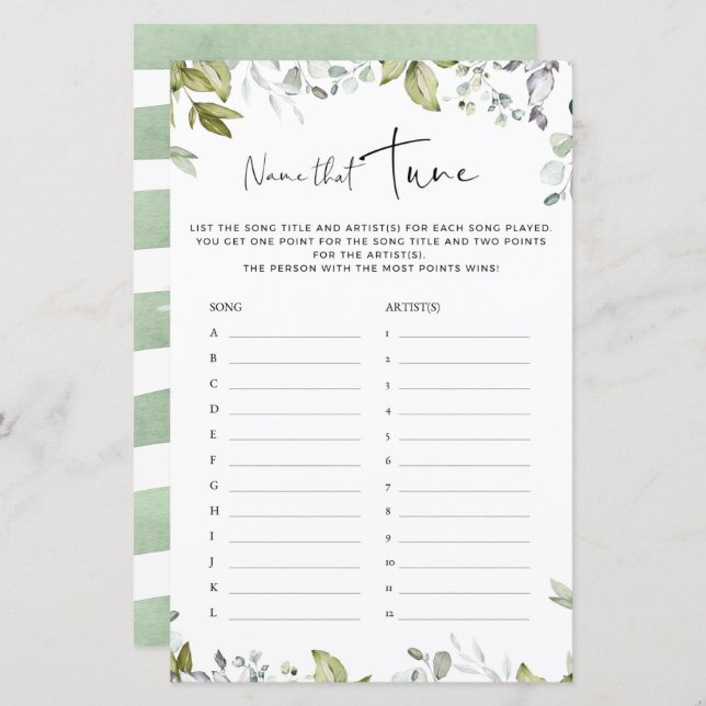 Greenery Baby Shower Game Name That Tune (Front/Back)