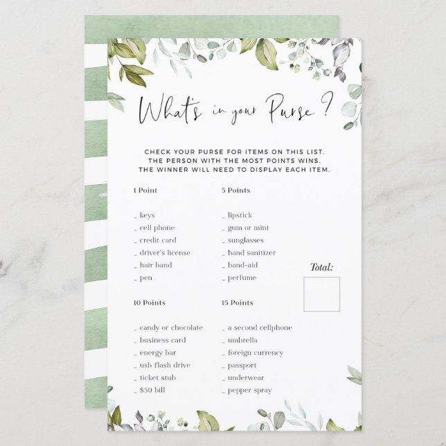 Greenery Baby Shower Game What's In Your Purse? (Front/Back)