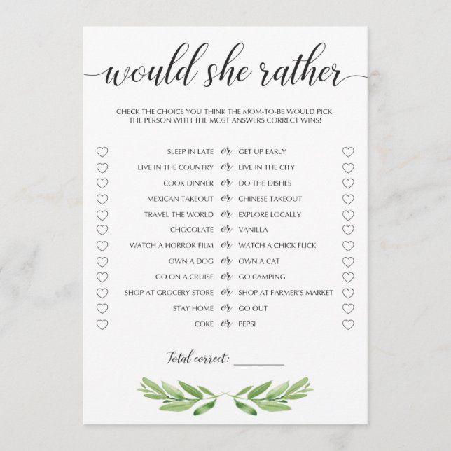 Greenery Baby Shower Would She Rather Game Cards (Front)