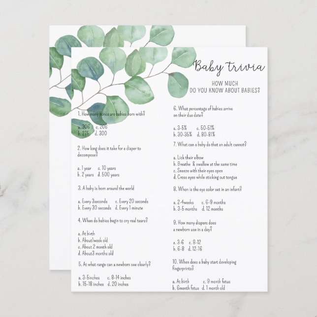 Greenery Baby Trivia | Baby Shower Game (Front/Back)