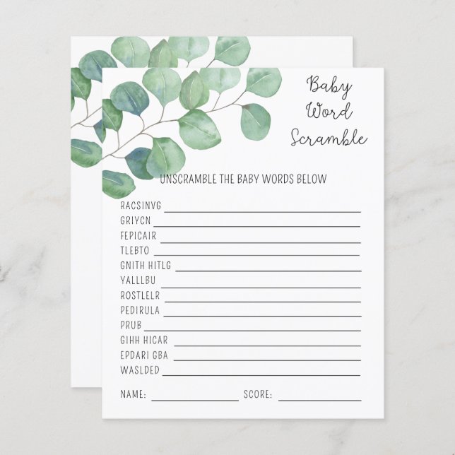 Greenery - Baby Word Scramble | Baby Shower Game (Front/Back)