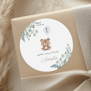 Greenery Balloon Teddy Bear First Birthday Neutral Classic Round Sticker