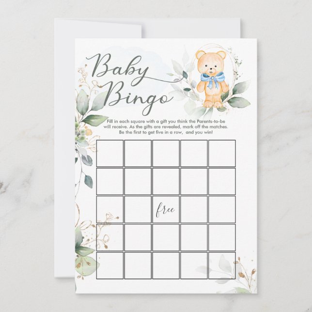 Greenery Bear Baby Shower Bingo/Traits Games Invitation (Front)