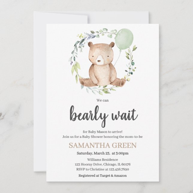 Greenery Bear Baby Shower Invitation (Front)
