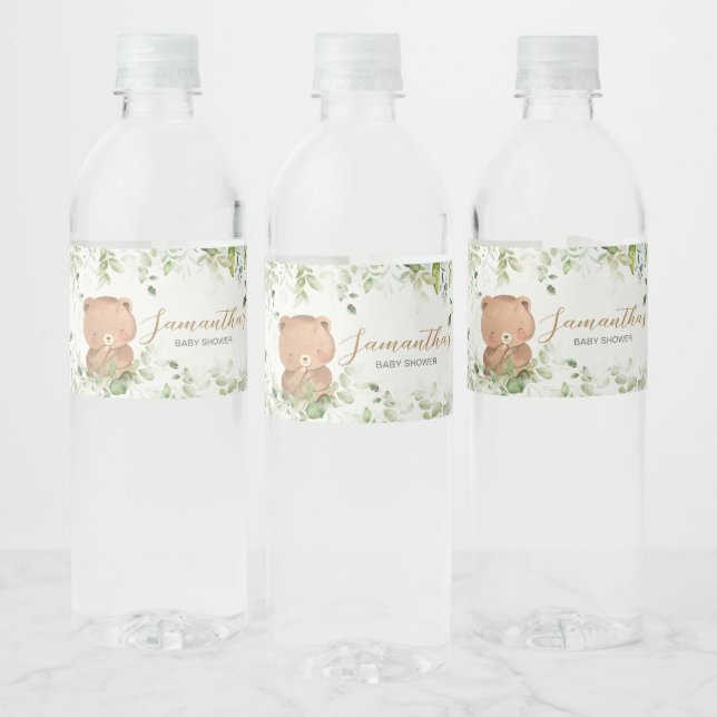 Greenery Bear Baby Shower Water Bottle Label (Bottles)