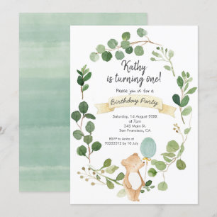 Greenery Bear Birthday Invitation