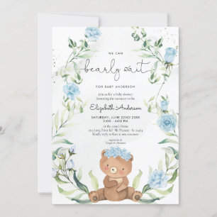 Greenery Bear Blue Floral Boy Baby Shower Invitation