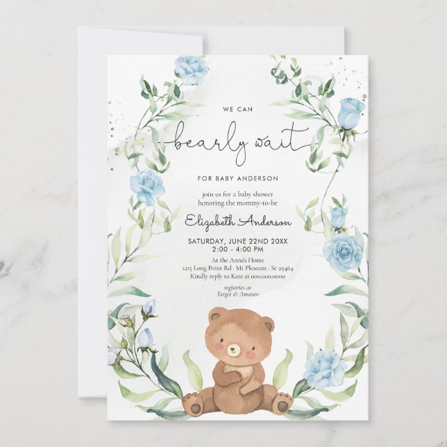 Greenery Bear Blue Flowers Boy Baby Shower Invitation (Front)