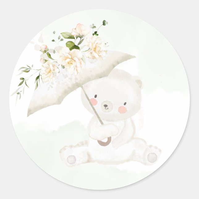 Greenery Bear Gender Neutral Floral Baby Shower Classic Round Sticker (Front)