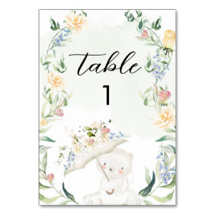 Greenery Bear Gender Neutral Floral Baby Shower  Table Number