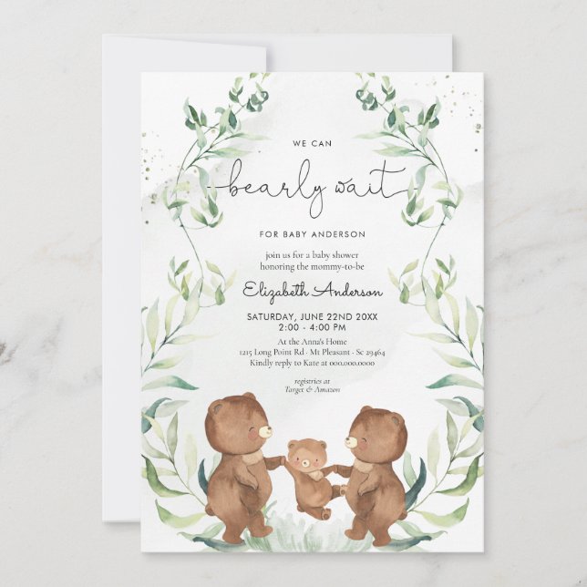 Greenery Bear Gender Neutral Woodland Baby Shower Invitation (Front)