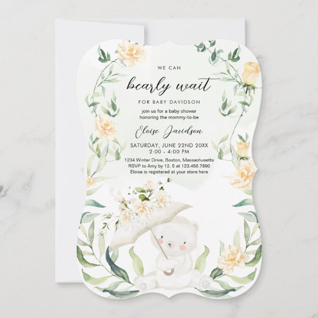 Greenery Bear Gender Neutral Yellow Baby Shower  I Invitation (Front)