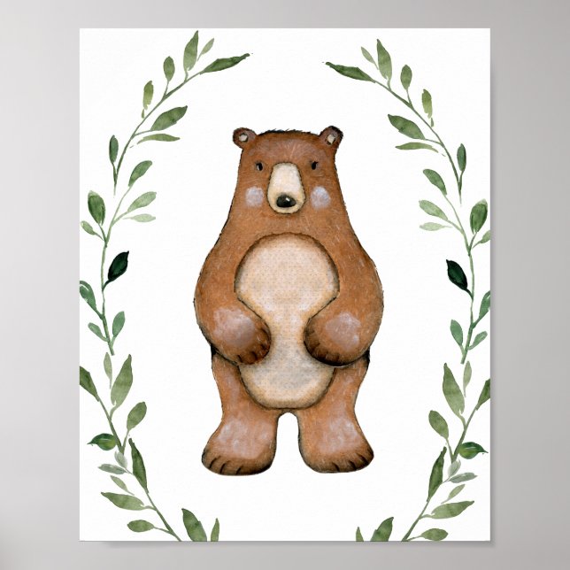 Greenery Bear Woodland Animals Nursery Wall Art (Front)