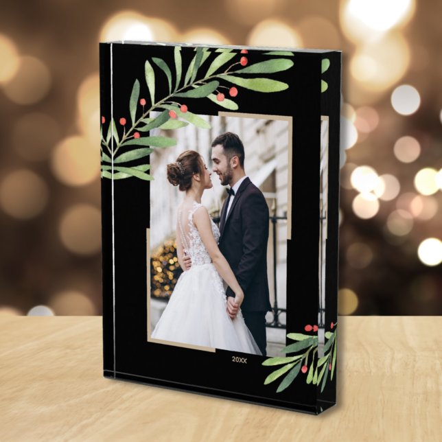 Greenery Berries Christmas Custom Black Photo Block (Creator Uploaded)