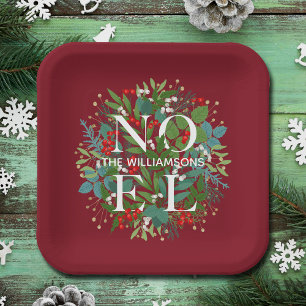 Greenery Berries NOEL Christmas Red Paper Plate