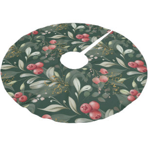 Greenery Berries Traditional Christmas Dark Green Brushed Polyester Tree Skirt