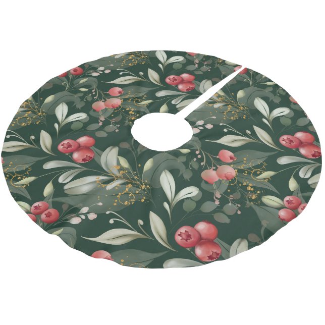 Greenery Berries Traditional Christmas Dark Green Brushed Polyester Tree Skirt (Angled)