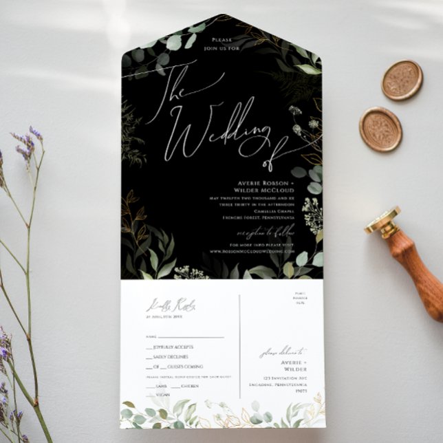 Greenery Black And Gold Wedding Of Seal and Send All In One Invitation (Creator Uploaded)