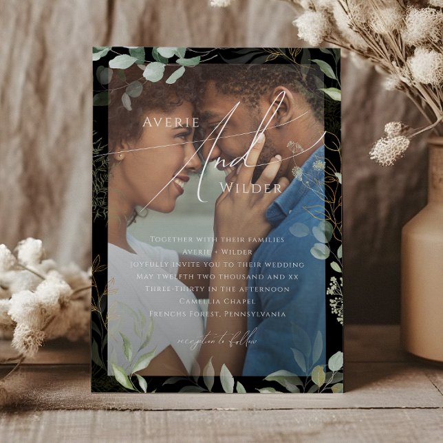 Greenery Black And Gold Wreath Photo Frame Wedding Invitation (Creator Uploaded)