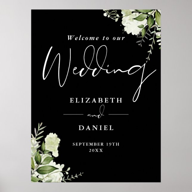 Greenery Black And White Wedding Welcome Sign (Front)